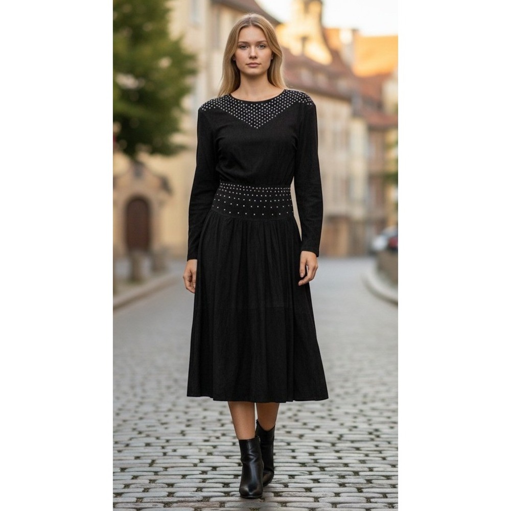 Lambskin Suede Vintage Black 80s Studded Goth Edgy Midi Dress Cocktail Western